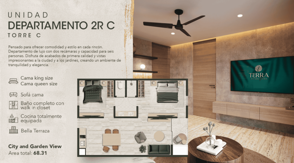 Departamento 2R C de Terra Playa del Carmen, unidad de 68.31 m² con dos recámaras, terraza amplia, cocina equipada y vistas a la ciudad y al jardín.